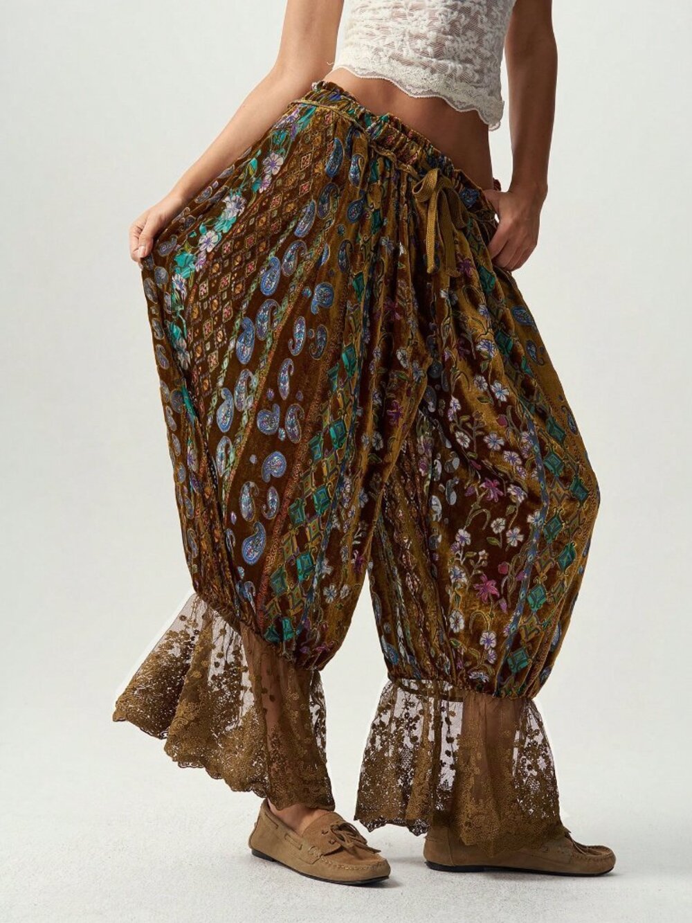 Mocha Brown Boho Women's High-Waist Loose Straight-Leg Cropped Pants